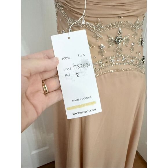 Basix II Nude Illusion Peach Silk Chiffon Beaded Jeweled Maxi Evening Gown 2 NWT - Picture 8 of 12